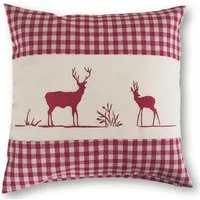 wometo Kissenbezug Landhaus Karo mit Stickerei Herz oder Hirsch, 40x40 cm, OEKO-TEX®, Karo, Herz- & Hirsch-Stickmotiv, Leinen-Look