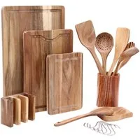 Lacers Schneidebrett Schneidebretter 4-teilig & 14-teiliges Kochlöffel-Set aus Akazienholz, (2-St), nachhaltig, langlebig, widerstandfähig, hitzebeständig, messerschonend