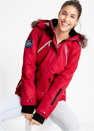 bonprix wasserdichte Funktions-Jacke, rot, Gr.56, Praktische Regenjacke mit abnehmbarer Kapuze sowie abnehmbarem Fellimitat und verschließbaren Taschen