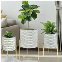 G-LEAF Blumentopf Moderne Pflanzgefäße aus Metall mit einzigartigem Rautenmuster (3 St), mit stabilem Goldständer, einfach zu montieren, weiß
