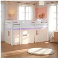 Homestyle4u Hochbett Kinderbett 90x200 Spielbett Holz Kiefer Mädchen Weiß Lila Vorhang (Set, mit Vorhang in Peach Holz Massiv) mit Rausfallschutz, Mädchen