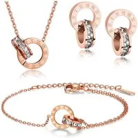 MOPUEA Schmuckset Rosegold Halskette Armband Ohrstecker 3-tlg für Damen und Mädchen (Set, 3-tlg., Perfektes Geschenk für besondere Anlässe), Doppelkreis-Schmuckset mit römischen Ziffern