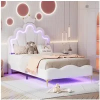 Flieks Polsterbett, LED Kinderbett Einzelbett mit krone-Form Prinzessinnenbett 90x200cm