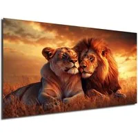 DARO Design Leinwandbild Modern Abstrakt Wandbilder XXL Wandbild Wand Deko Leinwand Bilder, (Löwen beim Sonnenuntergang - -Bild groß Wohnzimmer Schlafzimmer Küche Esszimmer Einteilig Querformat Fotodruck Leinwände Wanddeko Abstrakte Kunst Boho), 30x2