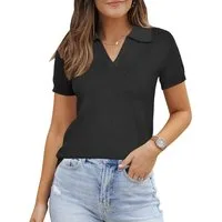 Arach&Cloz Poloshirt Damen Wollmischung Poloshirt Kurzarmpullover Strickpullover Volltonfarbe V-Shirt Tops Business Casual Kurzarmshirt Wollpullover