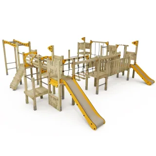 PRO MAGIC Marathon Klettergerüst - Öffentlicher Spielplatz mit Hangelleiter, Wackelbrücke & 2 Rutschen - EN 1176 Zertifiziert - 9x9 cm - Wickey