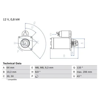 Bosch Anlasser 0,8 kW Fiat Doblo Palio Panda Seicento Strada Uno