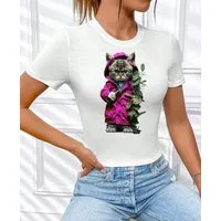RMK T-Shirt Damen Shirt Top kurzarm Freizeit Rundhals Blume Garten "Cat Katze" aus Baumwolle