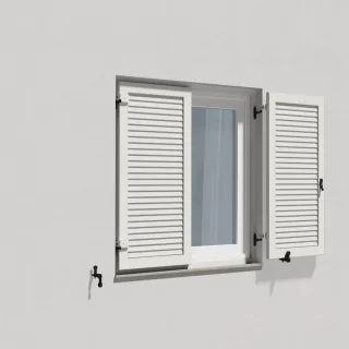 Fensterläden Weiß, Klappläden mit Montagerahmen Lamellenform München, RAL 9016 Verkehrsweiß, 300 x 800 mm, 1-flügelig links öffnend, individuell konfigurierbar