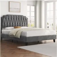 Yaheetech Polsterbett Bettgestell, Doppelbett 140 × 200 cm, mit höhenverstellbarem Kopfteil