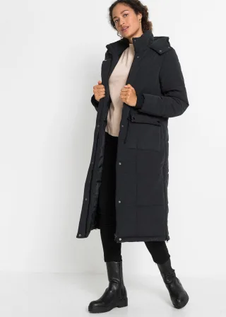 bonprix Wintermantel mit seitlichen Reißverschlüssen, schwarz, Gr.42, Langer Wintermantel mit Kapuze