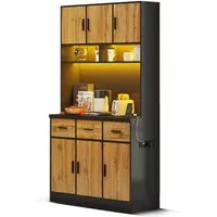 Merax Küchenbuffet Küchenbuffet mit LED-Beleuchtung und Steckdosen (3 Schubladen und 6 Türen, 100x40x180cm) Multifunktionales Hochschrank Buffet mit verstellbare Ablagen