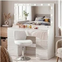 HOMALL Schminktisch Frisiertisch mit Hochglanzoberfläche, LED-Beleuchtung, mit Schmuckfach (Maße: 120 × 40 × 140 cm, mit 7 Schubladen, 2 Steckdosen, 1 USB-Anschluss und 1 Typ-C-Anschluss, dimmbarer LED-Beleuchtung, extra großem Spiegel, als Schminkti