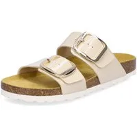 MIDS MIMI Damen Pantolette beige, Zweiriemer in Lackoptik mit großer Schnalle und Lederfußbett