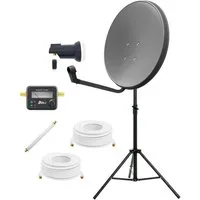 ARLI 60 cm SAT Anlage mit Single LNB Stativ Satfinder 3 m + 7 m Kabel Camping Sat-Anlage (für Balkon Garten), Fensterdurchführung Satellitenschüssel grau