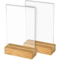 HMF Einzelrahmen Acryl Tischaufsteller im DIN A6 Hochformat, (2 St), Tischkartenhalter mit massivem Holzfuß aus Eiche T-Aufsteller Glasklar