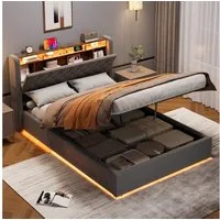 REDOM Polsterbett Hollandvelours-Bezug, mit Stauraum & Ablage (Funktionsbett, 1-tlg., Robuster Metallrahmen, Lattenrost inklusive, ohne Matratze), 140x200 cm mit LED-Beleuchtung und USB-Anschlüssen