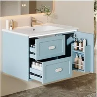 Flieks Waschtisch mit LED-Radarsensor Waschbeckenunterschrank inkl. Waschbecken (B76/T46/H51 cm, 1-St., wandhängend, Volllackierung Badschrank mit Led-Beleuchtung Waschplatz), Badezimmerschrank mit Schubladen und Türablagen Badmöbel-Set Blau