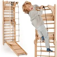 Goodevas Klettergerüst Multifunktionale Schwedenwand & Klettergerüst für Kinder, (Holz Schwedenwand & Rutschensatz – Vielseitiges Indoor Kletterdreieck Set mit Leiter, Rutsche, Monkey Bars, 6-St)