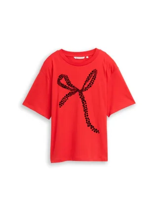 Denim Tom Tailor - Boxy Fit T-Shirt mit Schleifen-Print brilliant red - Gr. - S
