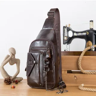 BULLCAPTAINN Genuine Leather Men's Chest Bag with Phone Holder Multi-Layer Large Capacity Shoulder Pack Travel Outdoor C