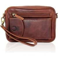 Corno d´Oro Handgelenktasche Handmade Umhängetasche Herren Echt Leder Vintage Braun klein, für Mini Tablet bis 8 Zoll, mit abnehmbarem Schultergurt