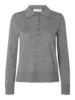 selected women - SLWTHEA LS KNIT MERINO COLLAR NECK NOOS Medium Grey Melange - Gr. - S