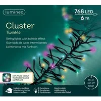 Lumineo LED-Lichterkette Lumineo Lichterkette Cluster 768 LED 7 m Sanftes Bunt, schwarzes Kabel, Dimmbar, Timer, Indoor, Outdoor