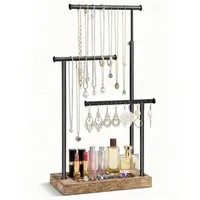 SURFOU Schmuckständer Schmuckständer 3 Ebenen Metall Holz Schmuck Organizer Verstellbar (Schmucktablett, Schmuckhalter, Schmuckaufbewahrung, ausziehbarer Kettenhalter für Ringe Ohrringe Ketten Armbänder, 1 St), 3-stufiges Design, Höhenverstellbar bis