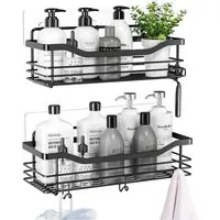 SURFOU Duschregal Duschablage Set ohne Bohren, Edelstahl Regal für Bad und Küche, Duschablage ohne Bohren 2 Stück set, mit 5 haken, zur Aufbewahrung von Shampoo, Duschgel, Handtüchern, Toilettenartikeln und Reinigungsmitteln, Rostfreier Wand-Duschreg