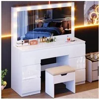 Furnicopia Schminktisch mit 7 Schubladen mit 2 Steckdosen 1 USB-Anschluss 1 Tycp-Anschluss (Größe 120*40*140cm Großer Spiegel 106cm Eingebautes Schmuckkabinett LED-Lichter Einstellbare Farbtemperatur und Helligkeit-ostern geschenke)