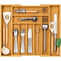 Refined Living Besteckeinsatz Ausziehbarer Besteckkasten Bambus Schubladen Organizer,Besteckeinsatz (Flexibler Besteckeinsatz, ausziehbar von 32 bis 53,5 cm, Besteckeinsatz Schubladen Organizer mit 7–9 Fächern, Besteckhalter, Küchen Organizer für, Sc