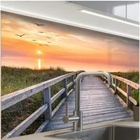 KitchenYeah Küchenrückwand selbstklebend Sonnenuntergang - Meer - Weg - Gras - Düne - Vögel, (1-tlg), Spritzschutz, Küche, Rückwand, Küchenwand, Küchenfront, 80x60 cm