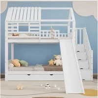 Flieks Etagenbett, Hausbett Kinderbett 90x200cm mit Schublade, Stauraumtreppe und Rutsche