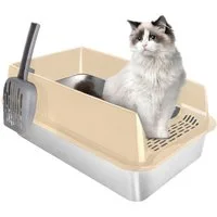 JEOBEST Katzentoilette Katzenklo Edelstahl XL, Offene Katzenklo, Nicht klebrig, mit Pedals und Schaufel, Geruchsfrei und langlebig