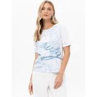 Passioni T-Shirt mit Print und Glitzersteinen Weißes Sommer T-Shirt mit hellblauem Muster