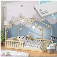 Bellabino Hausbett Kinderbett Bia mit Lattenrost (natur, mit Matratze), Bodenbett mit Rausfallschutz, verfügbar in 80x160 & 90/120/140x200 cm