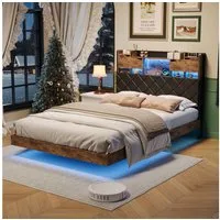 zebery Polsterbett Doppelbett mit LED-Beleuchtung und Ladestation, Jugendbett 140x200cm mit USB&Typ-C,Metallrahmen