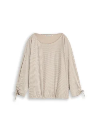 Denim Tom Tailor - Loose Fit Langarmshirt mit Raffärmeln small beige white stripe - Gr. - XL