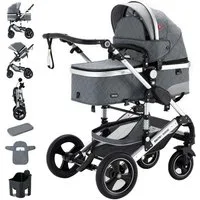 Daliya® Kombi-Kinderwagen BAMBIMO 2in1 Kinderwagen & Buggy, Babywanne und Sportsitz, Alu-Rahmen, (Grundausstattung für Babys, 9-tlg), Großer Einkaufskorb, Federung, weiche Matratze, Belüftungssystem