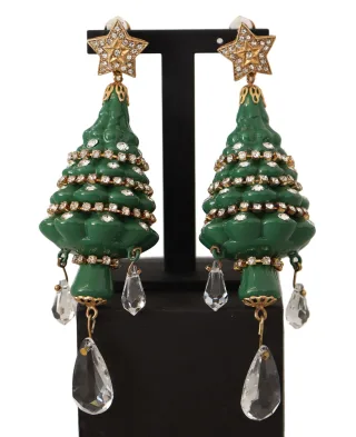 Dolce & Gabbana Damen Goldene Weihnachtsbaum Kristall Messing Clips Ohrringe