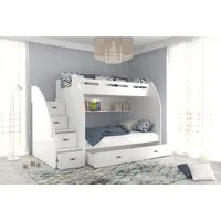 thematys Etagenbett oben 90x200 / unten 120x200cm, Treppe und Ausziehbett für 3 Kinder (Optional mit 2 Matratzen, Stockbett aus Holz, Treppe beidseitig montierbar)