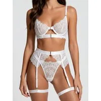 Elegant Love Set: Bügel-BH Damen-Dessous-Set aus bestickter Spitze – Lingerie mit Strumpfhalter (Set, 4-tlg., BH, Strumpfhaltergürtel, Tanga, Beingurt) Luxuriöse Reizwäsche – Sexy Unterwäsche mit goldenen Details