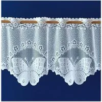 heimtexland Scheibengardine Jacquard Gardine weiß Schmetterling Fensterdeko (1 St), Durchzuglöcher, halbtransparent, Jacquard, als Bistrogardine oder Querbehang mit Blumen Bordüre gebogt