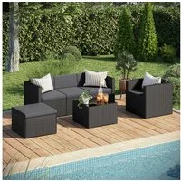 STEELSØN Sitzgruppe Zethora Gartenlounge Set aus Polyrattan, (schwarz/anthrazit, für 5 Personen), Outdoor Sitzgarnitur mit 3er Sofa, Sessel, Hocker & Tisch