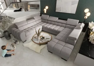 Wohnlandschaft Schlafsofa BASTIEN XL in Stoff Moly Hellgrau Ottomane Rechts