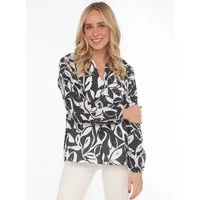 Zwillingsherz Shirtbluse "Blätter Zweifarbig" Langarm, Serafino-Kragen, Kontrastnaht, Allover-Print
