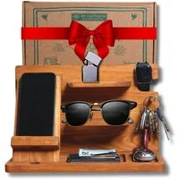 PEGSEN Nachttisch Organizer für den Schreibtisch Dockingstation Aufbewahrung aus Holz (Aufbewahrung für Uhr, Kopfhörer, Brille, Tablet & Buch), handgefertigt, Handyladestation