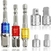 S&R Stecknüsse Stecknuss-Adapter Set, für Bohrmaschine, Akkuschrauber, Bithalter, Set, 3x 1/4" Sechskant-Adapter für 1/4"-, 1/2"-, 3/8" + 4 Stecknüsse, aus Chrom-Vanadium-Stahl für den beruflichen Dauereinsatz