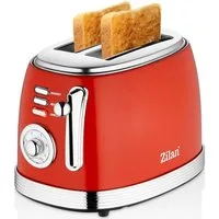 Zilan Toaster ZLN-7040, 2 Schlitze, für 4 Scheiben, 850 W, Rotes Retro-Gehäuse, mit Krümelschublade und Anti-Rutsch-Füßen